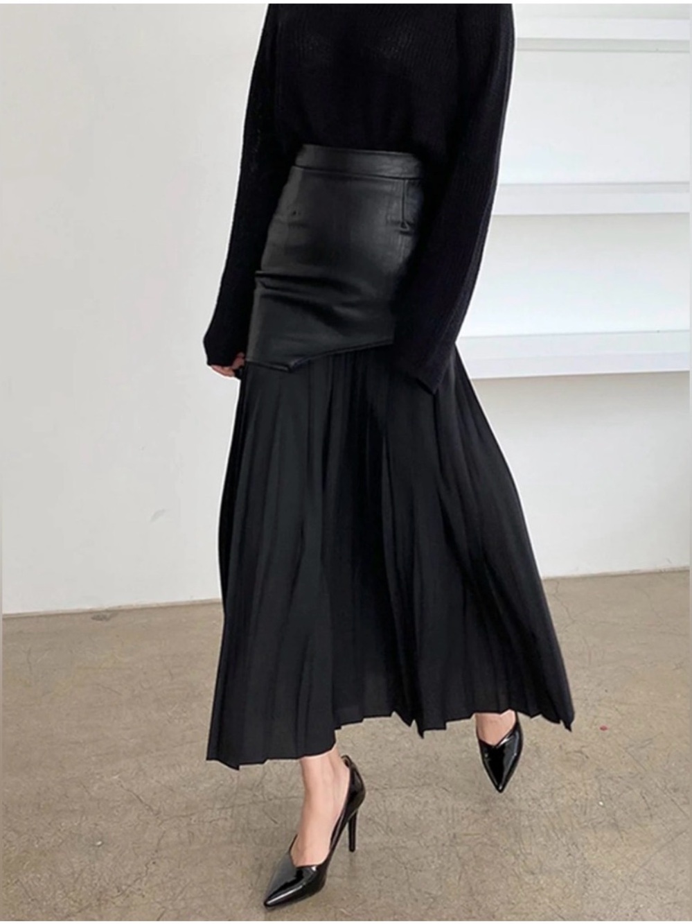 Asymmetric Patchwork Faux Leather Chiffon Midi Skirt Size M